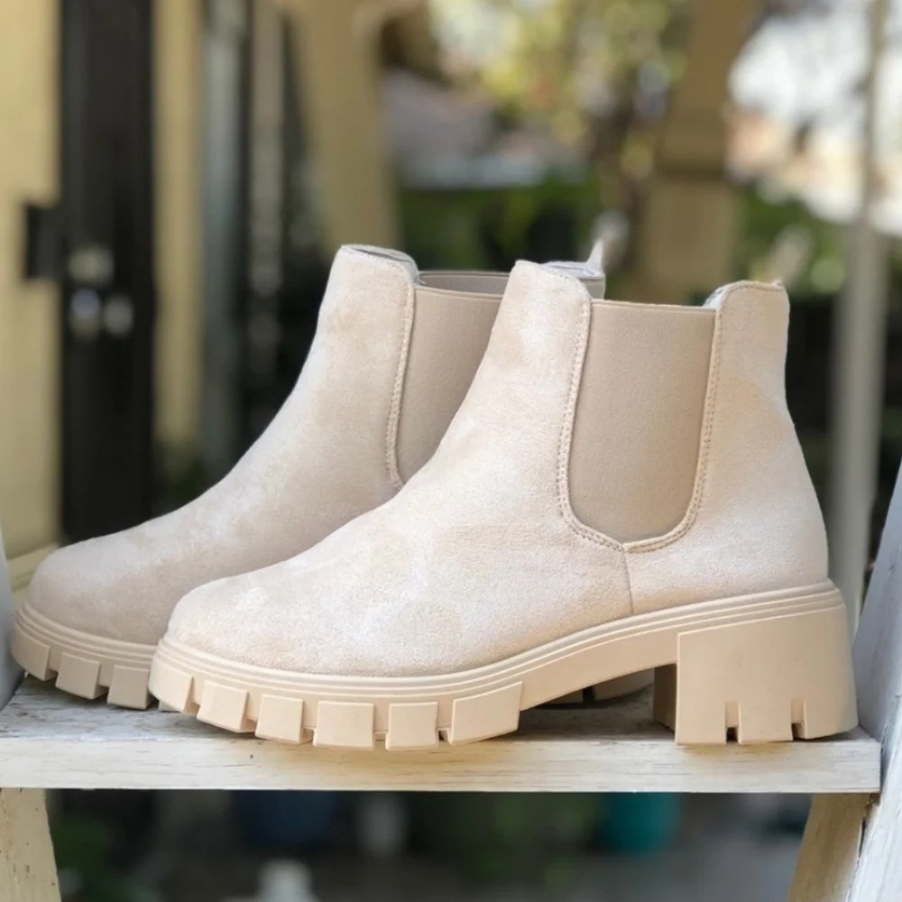 Top Moda Suede Chunky Sole Boots Womens 10 Beige Fall Combat - Picture 2 of 12